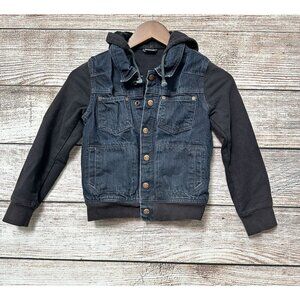 Appaman Kids Denim Jacket Size 8 Hoodie Fleece Sleeve Blue Black Button